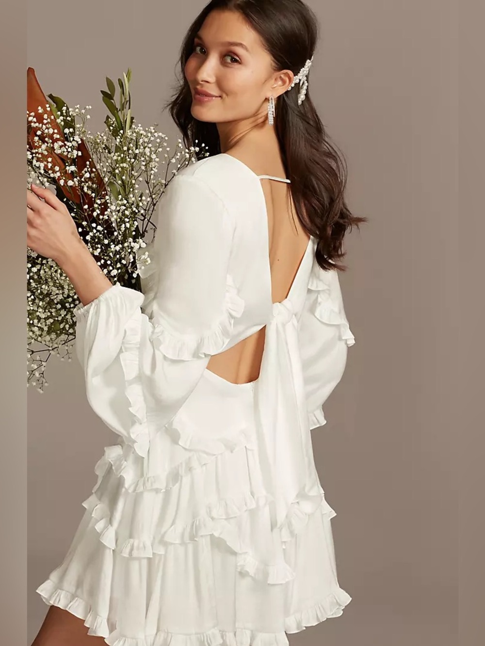 Open-Back White Ruffle Mini Dress with Tie Detail